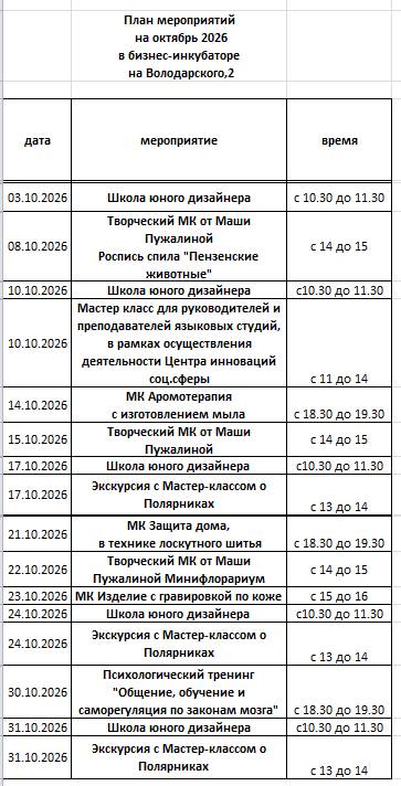 Расписание мастер-классов на Володарского, 2